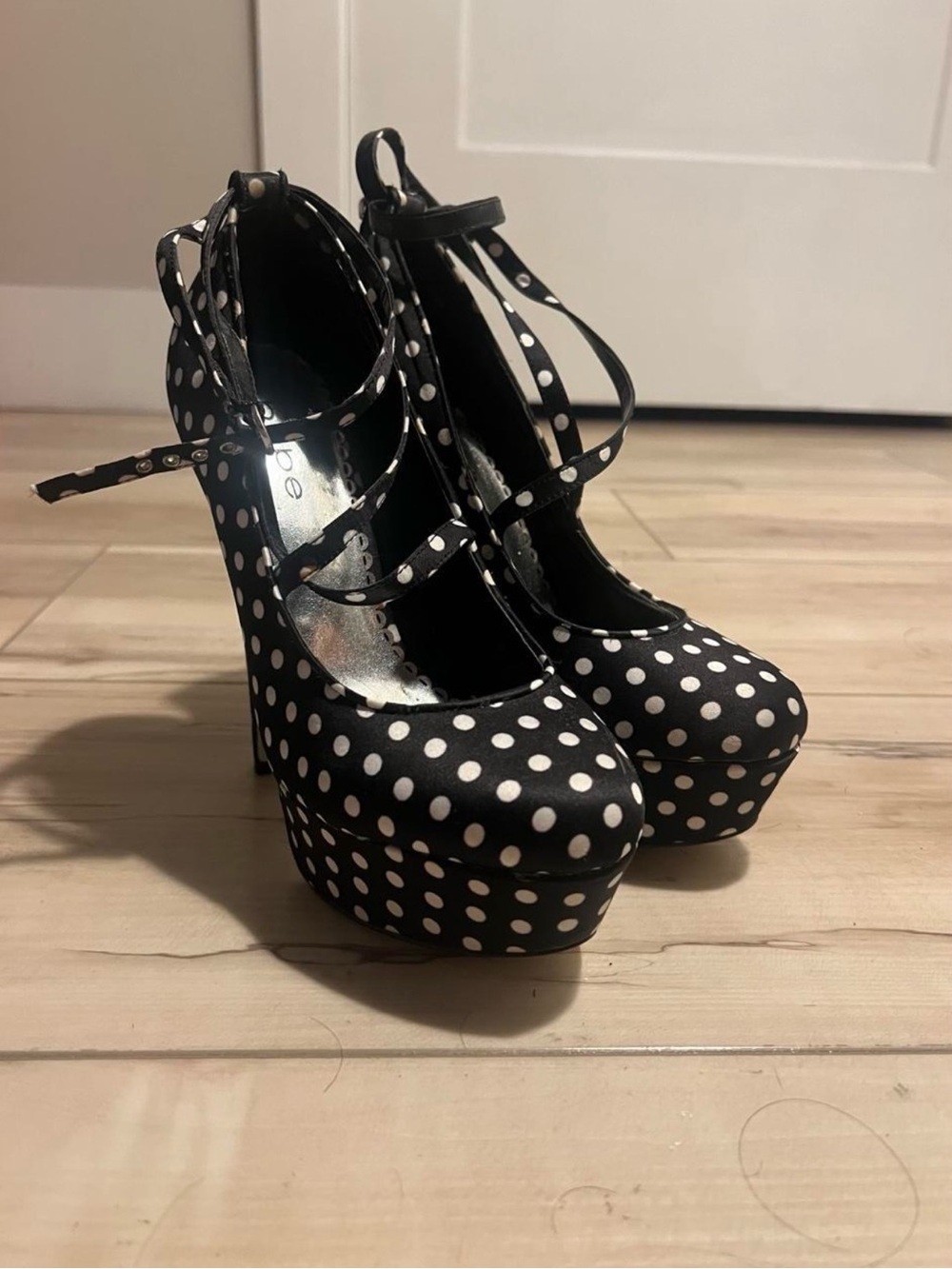bebe Black and White Polka Dot Platform Heels with Strappy Ankle Ties